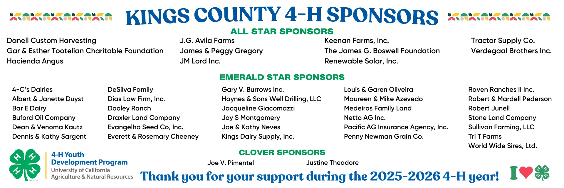 List of Kings County 4-H Sponsors