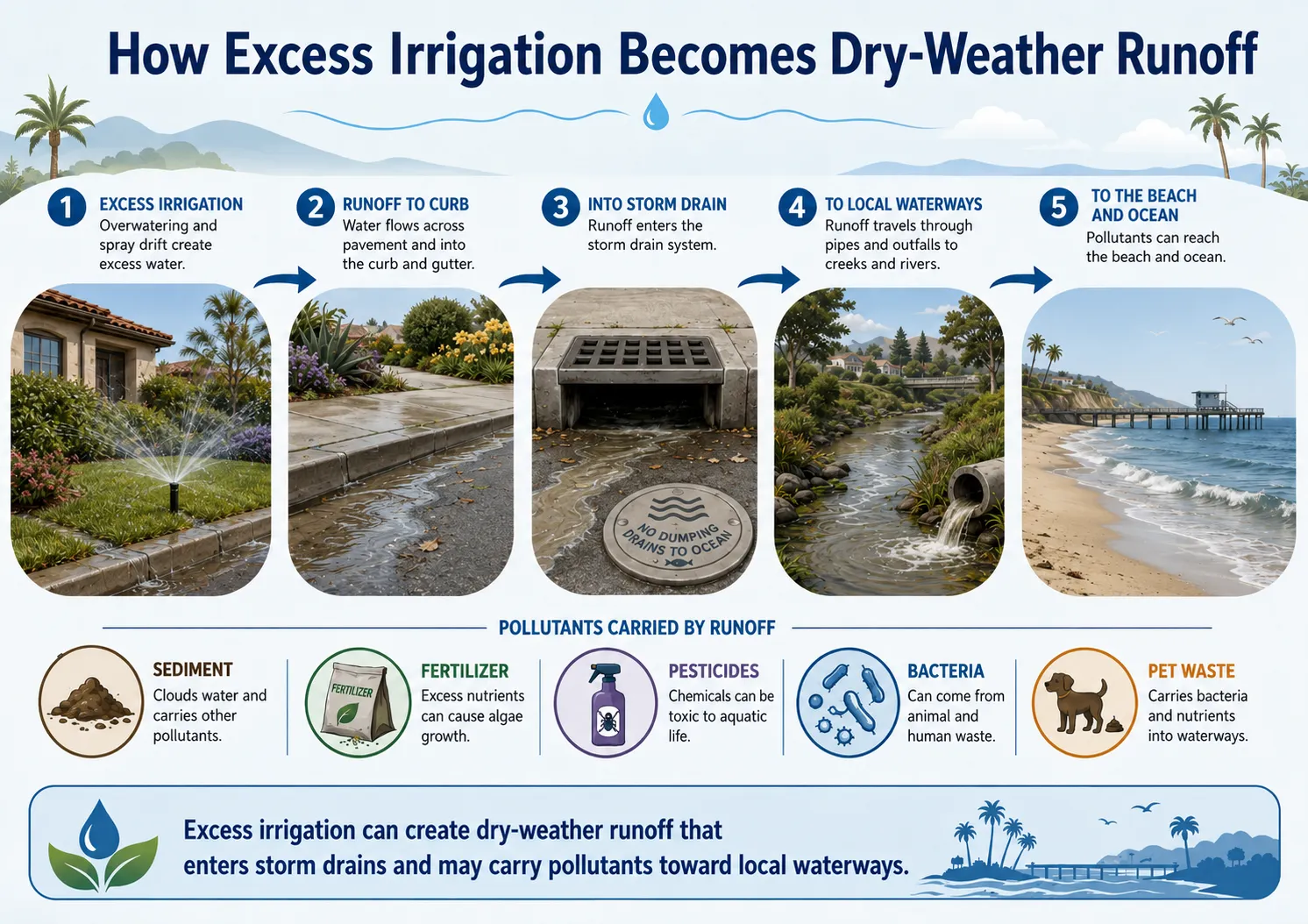 Diagram showing how excess irrigation flows along a curb into a storm drain, then to local waterways and the ocean, carrying pollutants such as sediment, fertilizer, pesticides, bacteria, and pet waste.