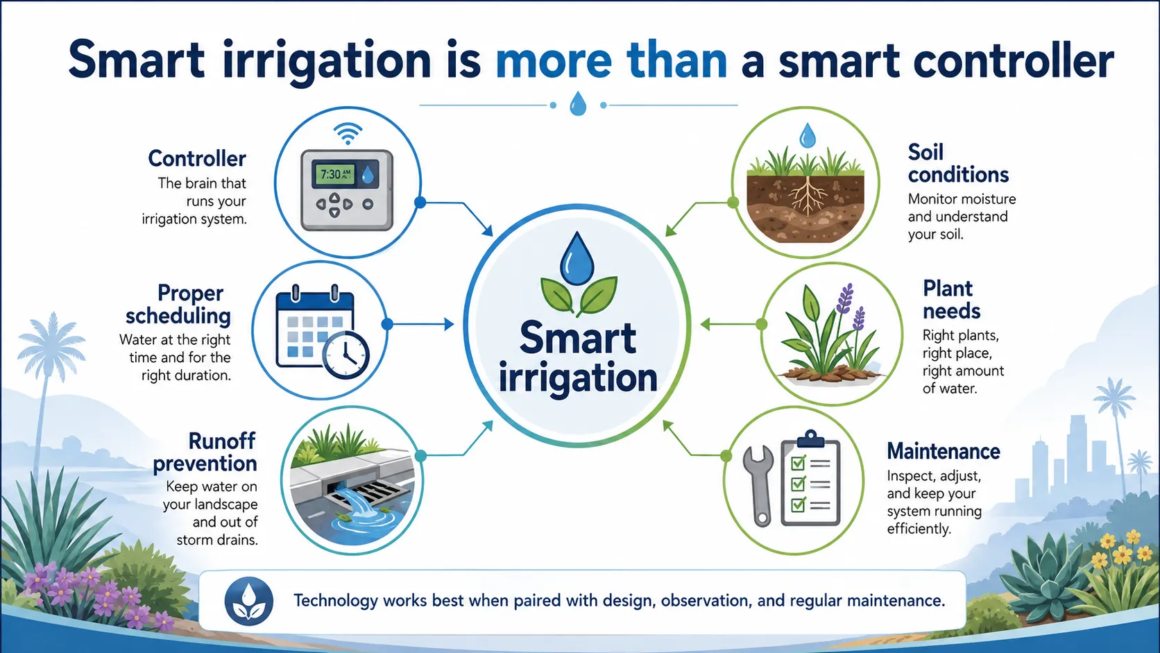 Diagram showing that smart irrigation includes controllers, scheduling, soil, plants, maintenance, and runoff prevention.