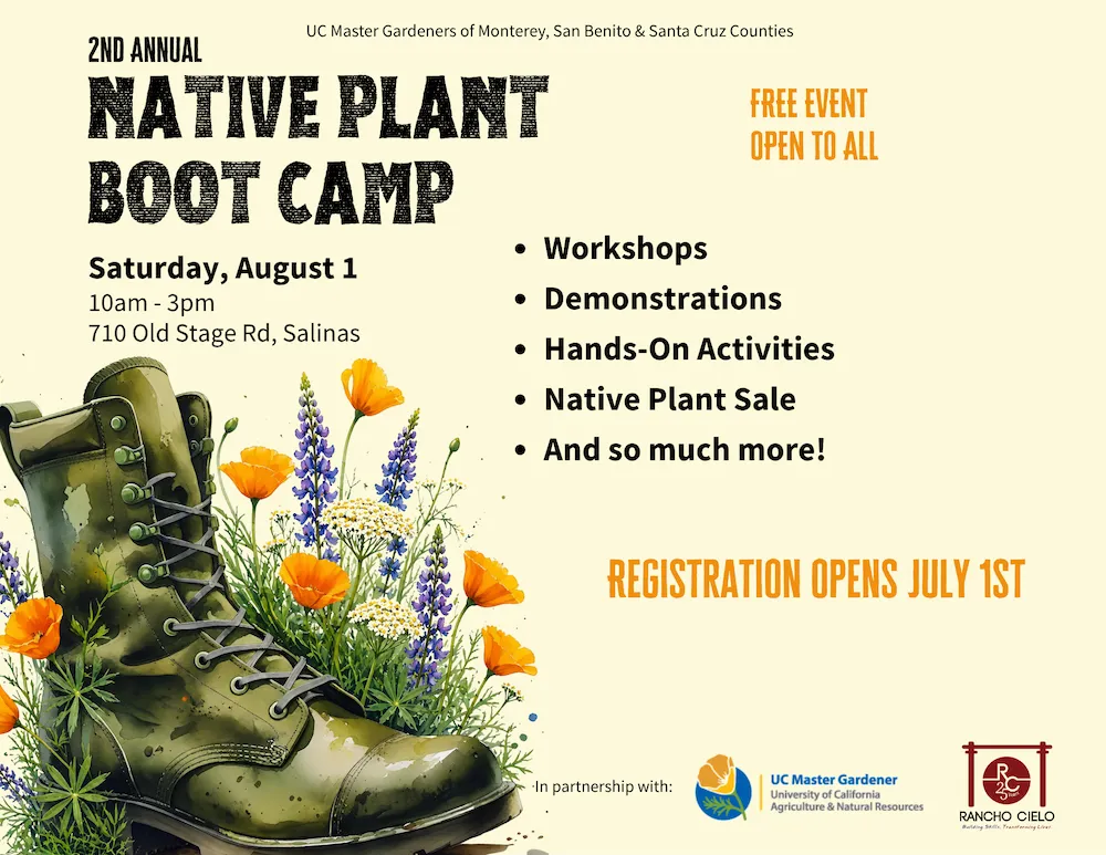 Flyer featuring a boot announcing 2nd Annual Native Plant Boot Camp held at Rancho Cielo on August 1st 2026. Registration opens on July 1st 2026