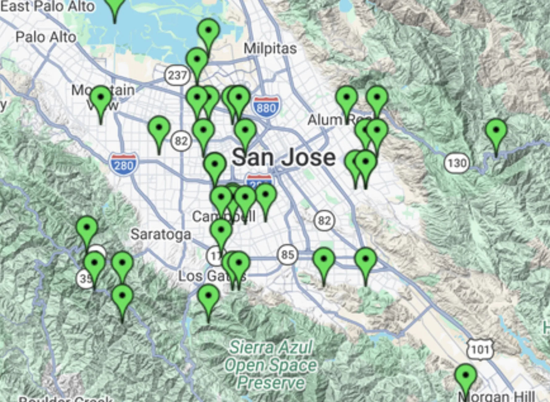 Map of Santa Clara County showing participant locations from Palo Alto to Morgan Hill and numerously in the main valley from the Santa Cruz foothills to the Diablo Range