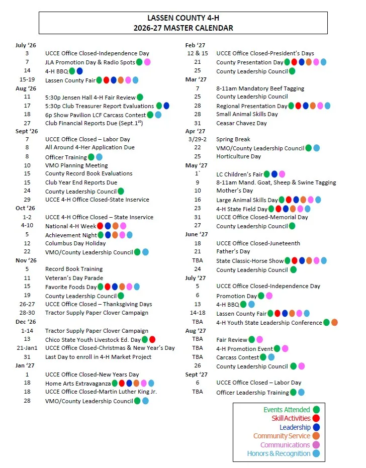 Lassen County 4-H 2026-27 Master Calendar