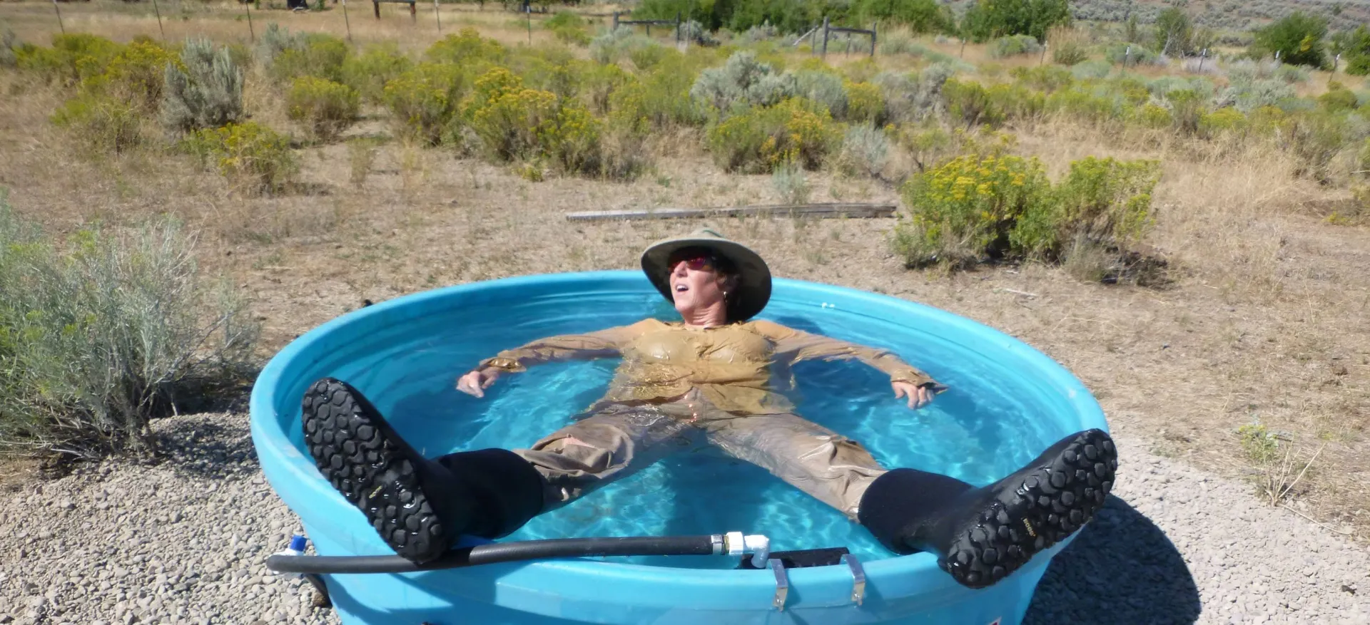 Laurie Wayne takes a dip in a water trough