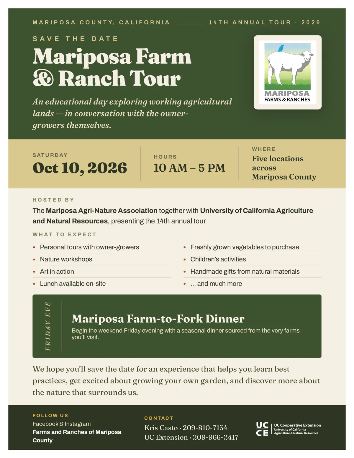 Save the date flyer for the 2026 Mariposa Farm and Ranch Tour, Saturday, October 10, 2026.