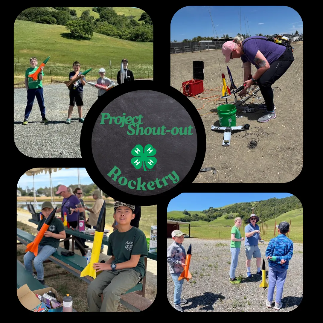 A collage highlights a 4-H Rocketry project with four photos surrounding a center graphic that reads "Project Shout-out: Rocketry" alongside the 4-H clover logo. The photos show youth proudly holding model rockets, preparing for launches, and learning from adult volunteers at an outdoor launch site. One image features an adult setting up a rocket on a launch pad, while the others show participants displaying their rockets and receiving guidance in a sunny, grassy open space.