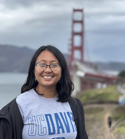 Nematologist Pallavi Shakya in front of the Golden Gate Bridge