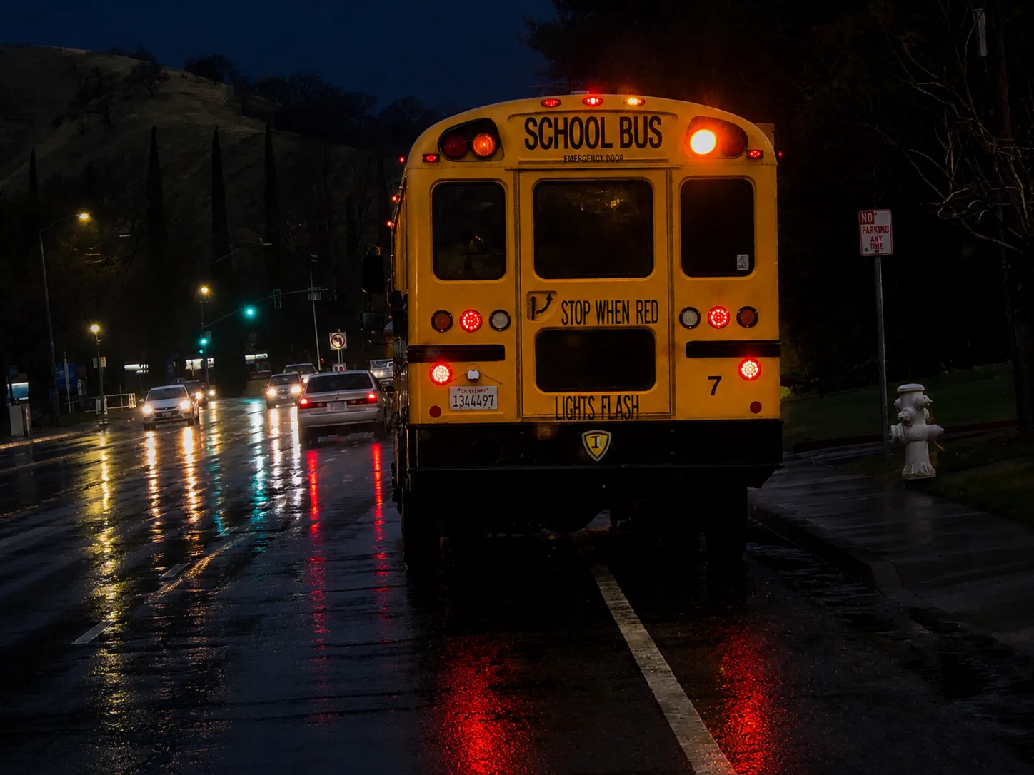 School bus in the darkness of early morning