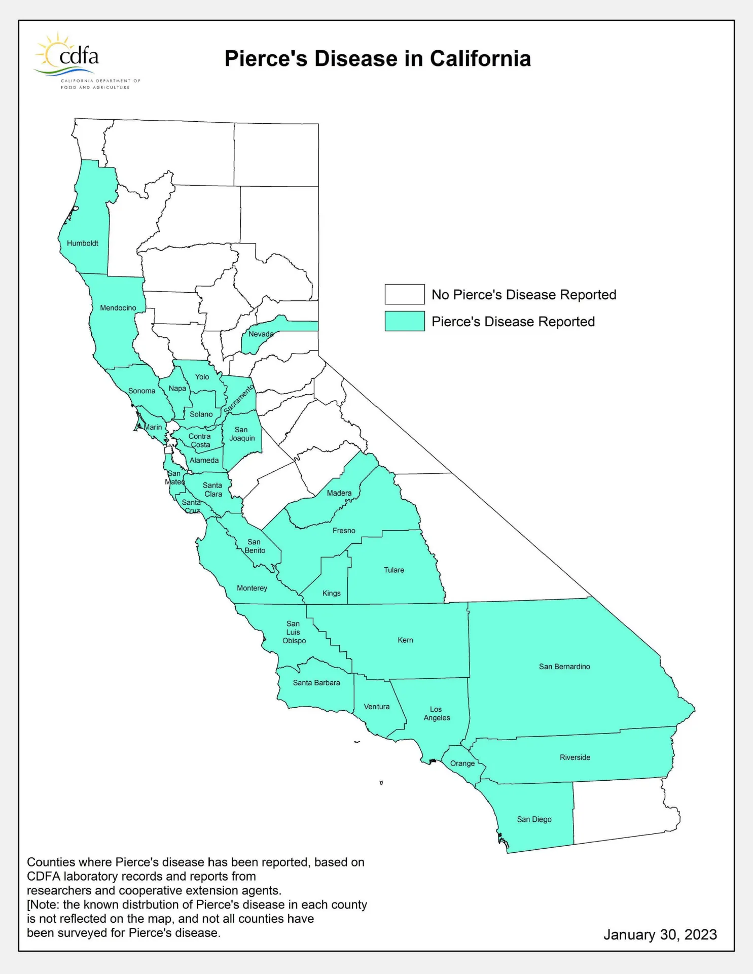 map of California showing Pierce's Disease in Coastal and Southern California areas