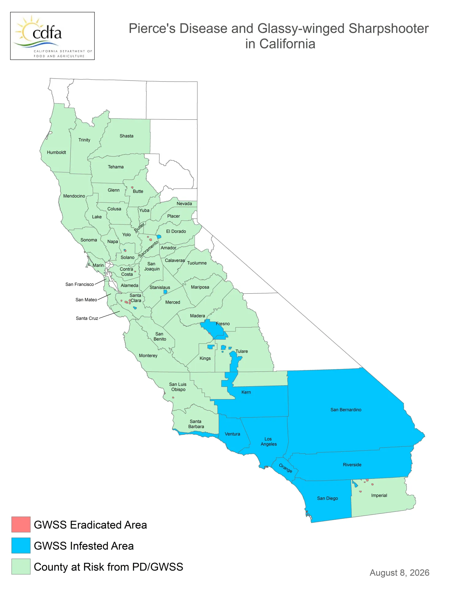 Map of California showing infestations of GWSS and Pierce's Disease mostly in southern California
