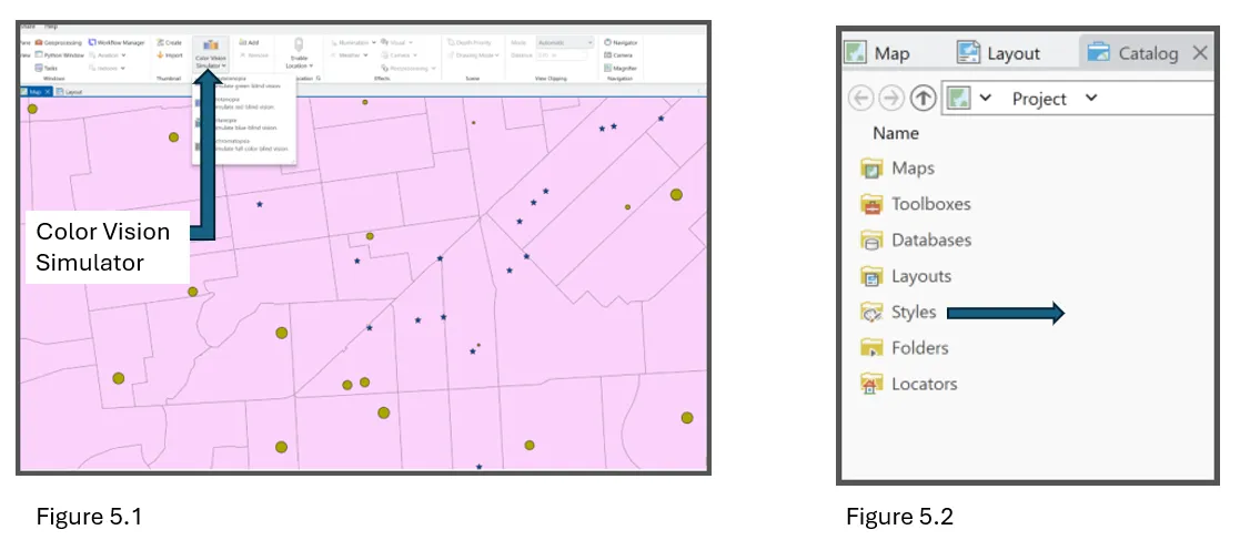 Screenshots of accessibility tools in ArcGIS Pro. Figure 5.1 shows the color vision simulator tool on the top ribbon, which simulates different visual impairments to help choose appropriate color schemes. Figure 5.2 shows the Catalogue Pane where a user has navigated to the "Styles" option to find colorblind-friendly map styles.