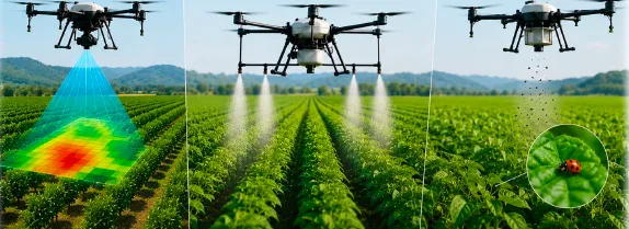 Three drones flying above rows of green crops. The left drone is illustrated mapping a field with a multicolored data grid; the center drone is spraying crops; and the right drone is releasing small beneficial insects, with a magnified inset showing a ladybug on a leaf. Mountains and a blue sky appear in the background.