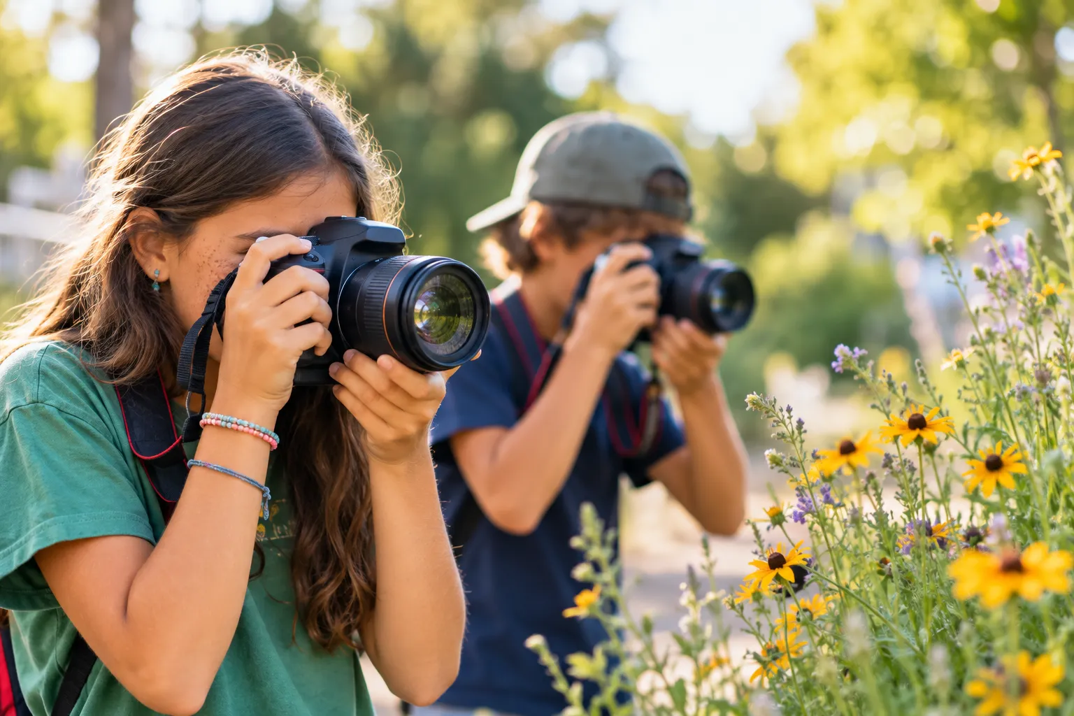 Two children use cameras to photograph wildflowers and nature outdoors on a sunny day.