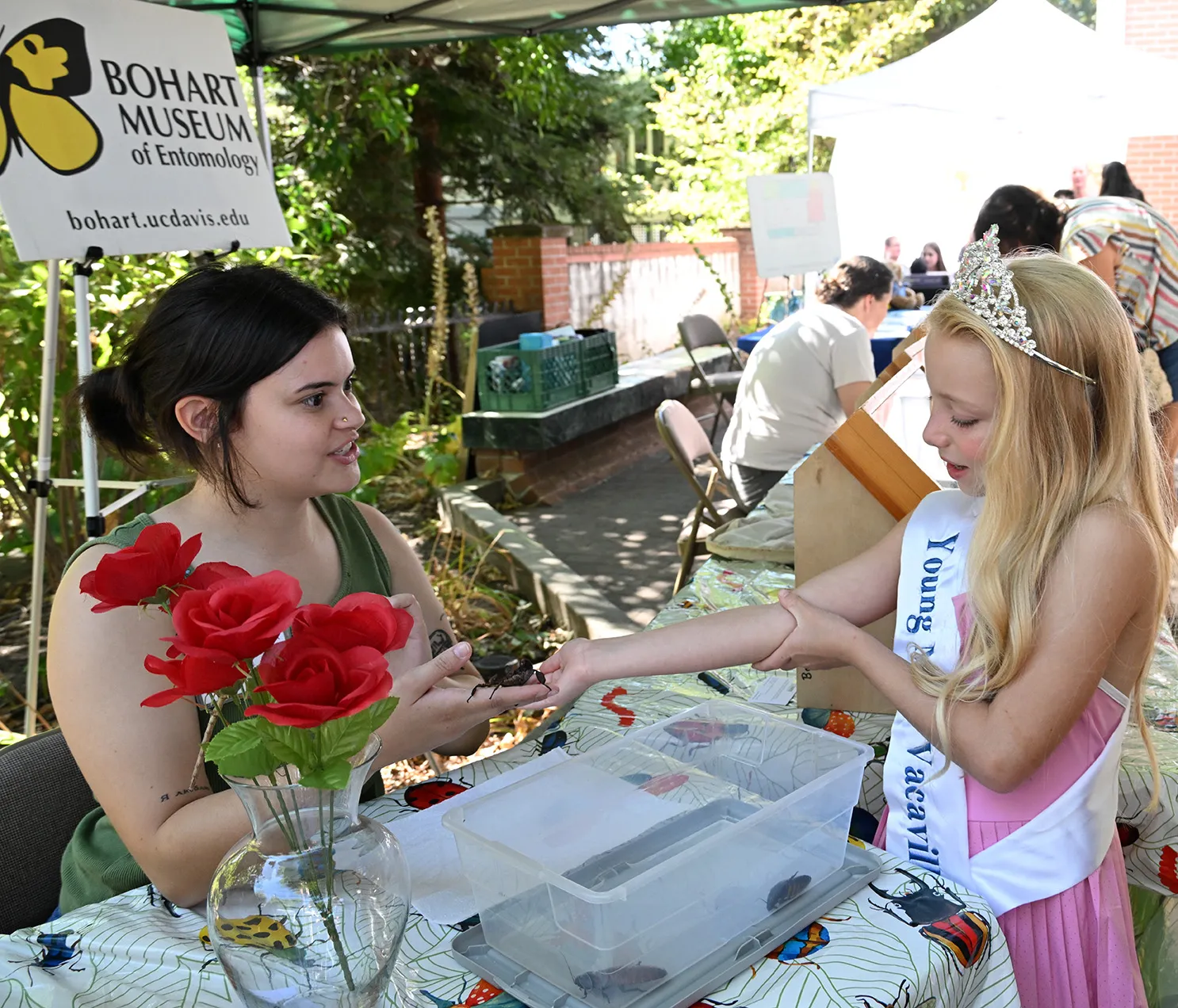 nternJo Ridgeway of the Bohart Museum introduces a stick insect to Young Miss Vacaville Madison Deavers, 8.