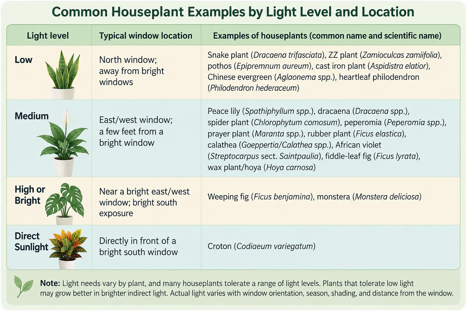 houseplant guide listing some common houseplants by light level and window location