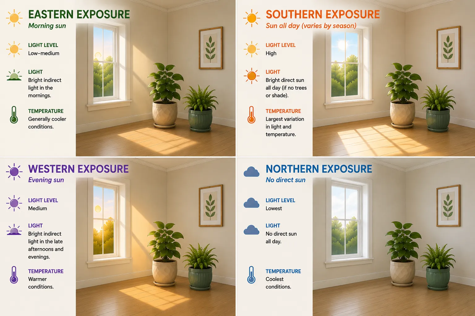 Graphic showing the difference that the 4 orientations (n,s,e,w) makes in the intensity and quality of light