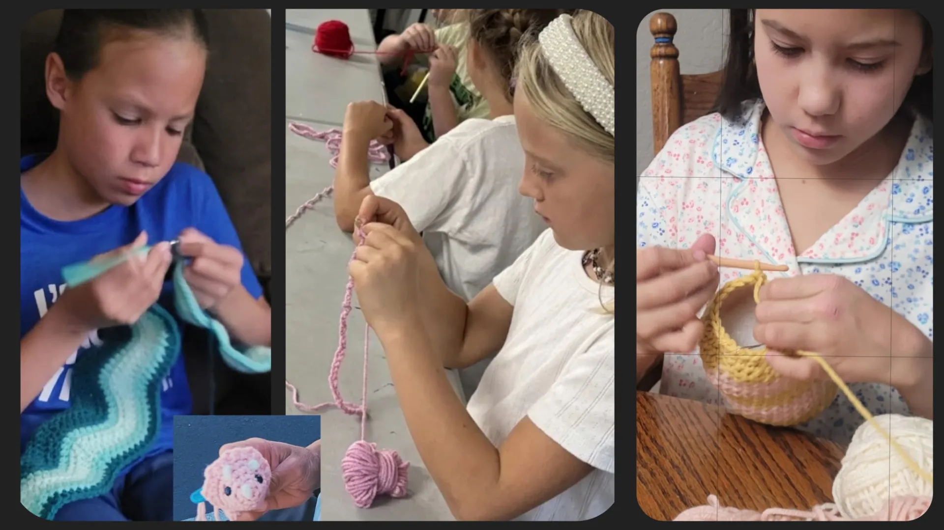 photo collage on the left photo is a boy dressed in blue crocheting a project using blue yarn, in the center photo a girl dressed in white crocheting with pink yarn and on the right photo is a girl dressed in white crocheting with tan yarn. 