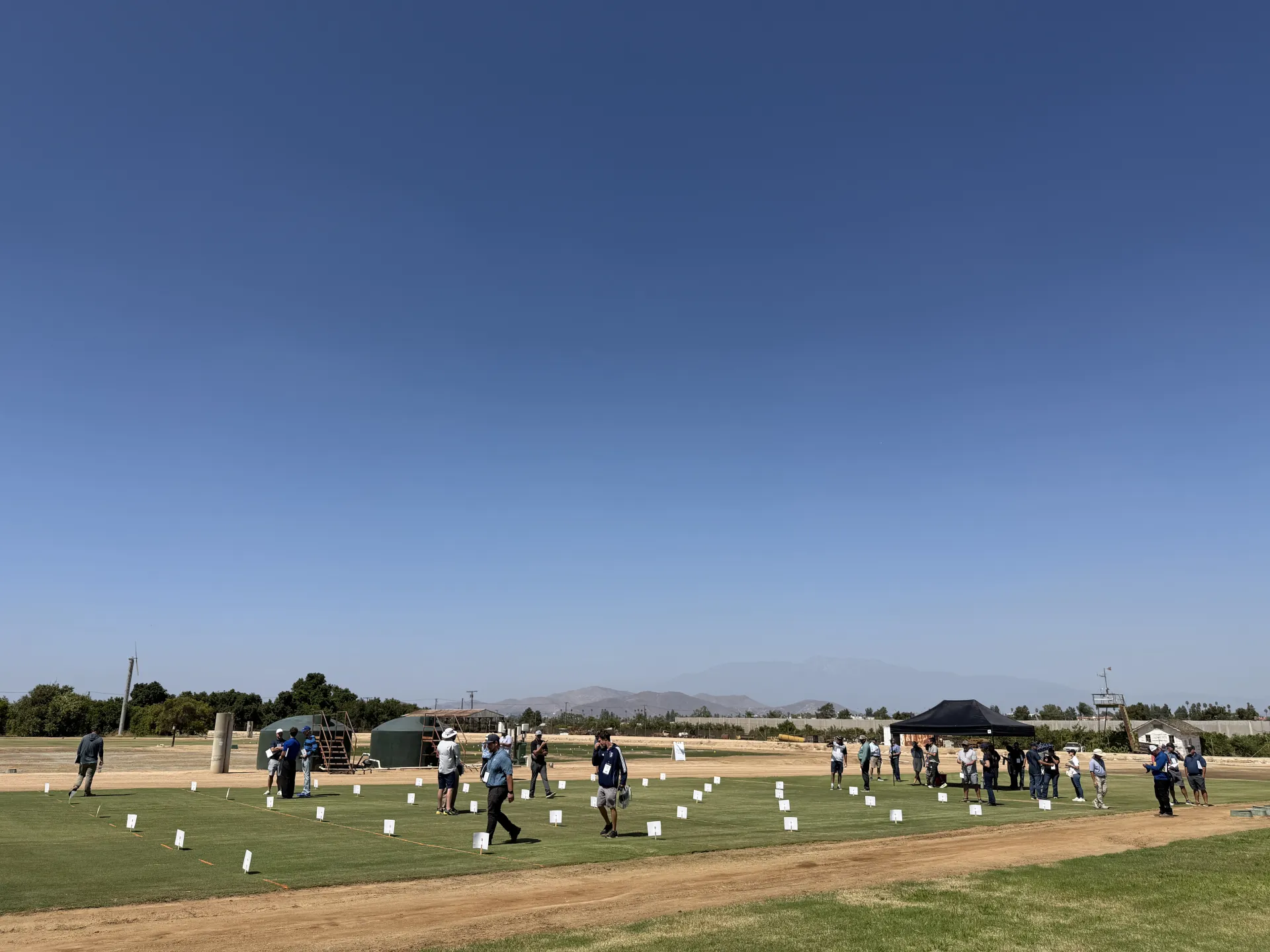 From a distance, under a clear blue sky, people look at grass test plots labeled with white signs on stakes.