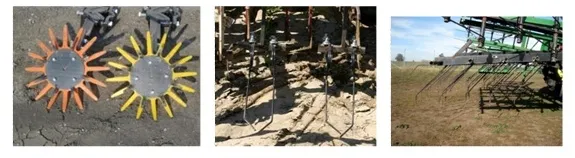 Photos 1-3. Blind cultivation weeders: Finger weeders - left, torsion weeders - middle and spring tine weeder – right