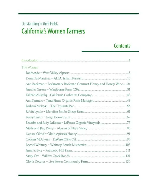 Table of Contents of Outstanding in their Fields: California's Women Farmers