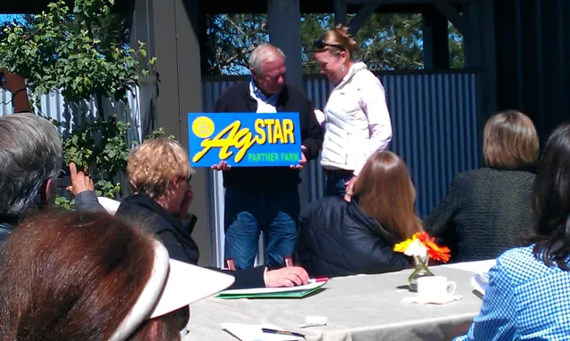 The Giacomini Dairy receives recognition as an AgSTAR Partner from Cara Peck of U.S. Environmental Protection Agency for the farm's methane digester.