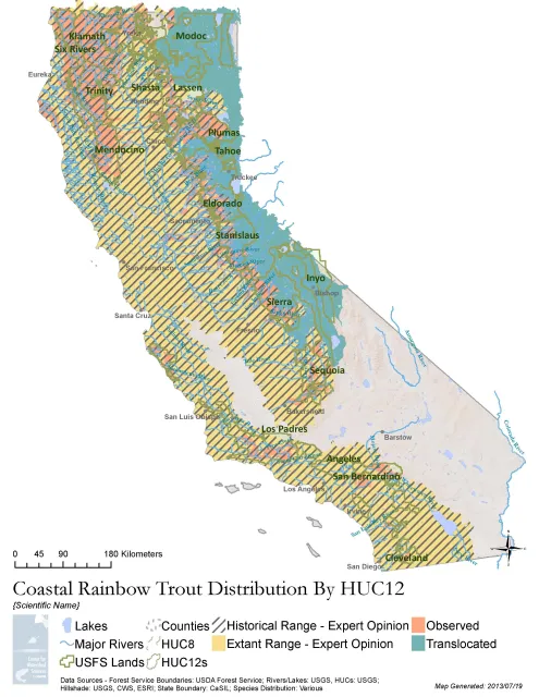 Coastal rainbow trout distribution map, available on the PISCES Database Website.