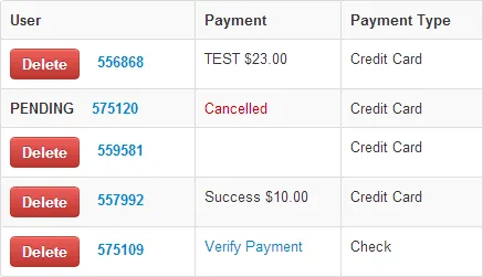 Shows all the different payment possibilities in for the payment results.