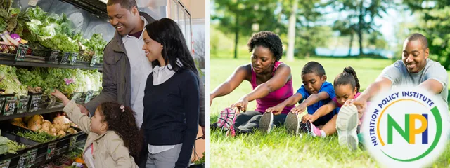 Family shopping for vegetables and family exercising in park