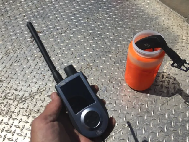 A radio dog collar is sealed into a plastic bottle.