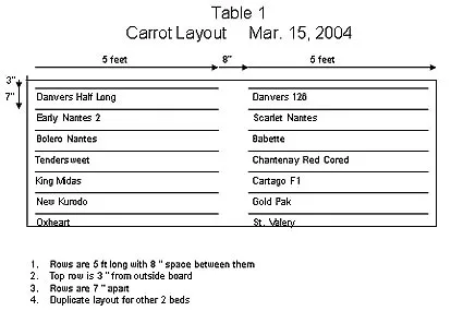 Diagram of a carrot planting layout showing 6-foot rows with 8 inches in between and a list of carrot varieties.