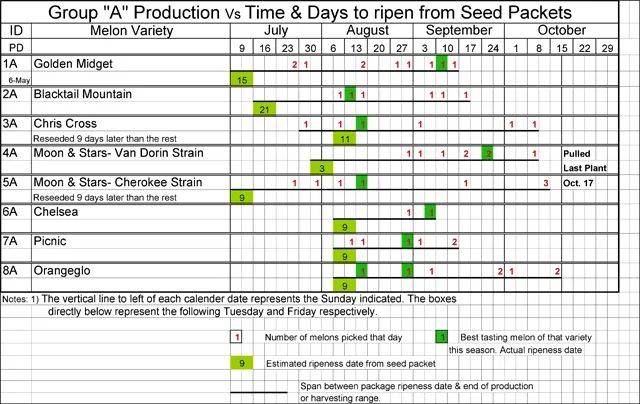A table showing watermelon maturity data for Group "A," detailing melon varieties, number of melons picked, best-tasting variety, and estimated ripeness dates across July to October.
