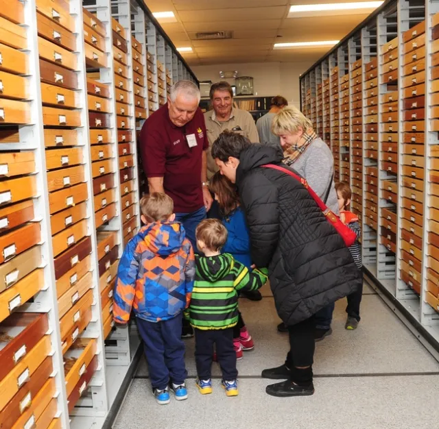 Bohart Museum associates Jeff Smith (left), curator of the butterfly/moth collection and naturalist/photographer Greg Kareofelas show visitors some of the collection. (Photo by Kathy Keatley Garvey)