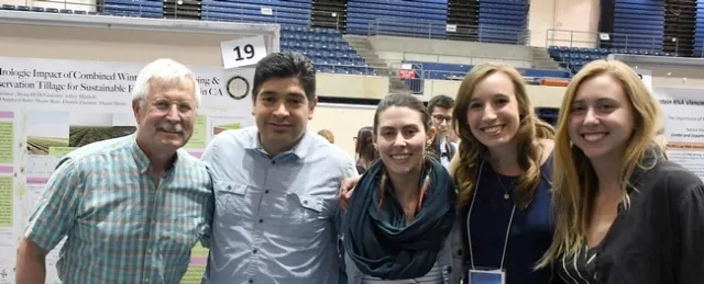UCD cover crop water use study team. (L to R) Jeff Mitchell, Samuel Sandoval-Solis, Sloane Rice, Anna Gomes, and Alyssa DeVincentis