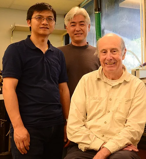 Bruce Hammock (center) with Hammock lab researchers Jun Yang (left) and Sung Hee Hwang; all are with the UC Davis Department of Entomology and Nematology and the UC Davis Comprehensive Cancer Center. (Photo by Kathy Keatley Garvey)