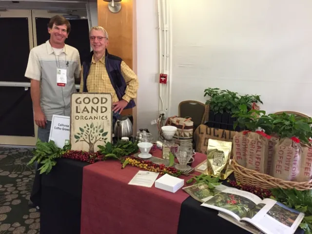 Jay Ruskey and Gaskell, shown at a California-grown coffee tasting in 2015, has been studying coffee growing together since 2002.