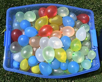 Colorful balloons await the water warriors on the Briggs Hall lawn, UC Davis. (Photo by Kathy Keatley Garvey)