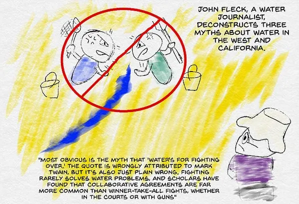 Writer John Fleck address the myths of water in the western U.S. Artwork by B. Hihara.
