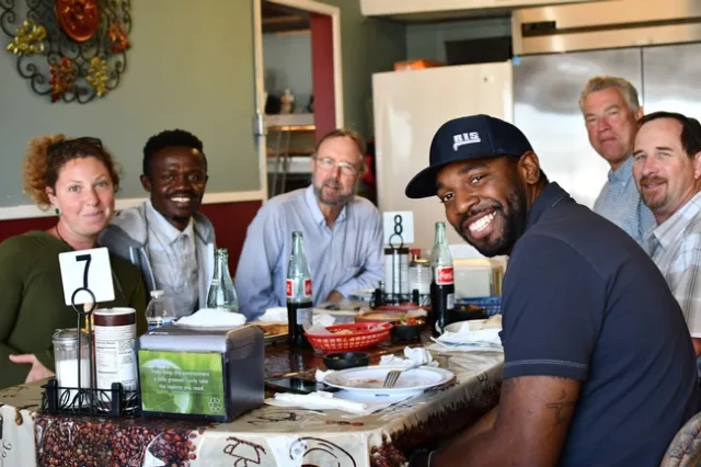 CASI Workgroup members hosting Francis Akolbila of Ghana's Center for No-till Agriculture in El Ranchero Café in Five Points, CA (left to right, Sara Rosenberg (Singing Frogs Farms, Sebastopol, CA), Francis Akolbila, Rob Roy, Derek Riley (Ag Engineering intern from Fresno State working with Rob and Brook in the NRCS Fresno Area Office), Dan Munk and Brook Gale