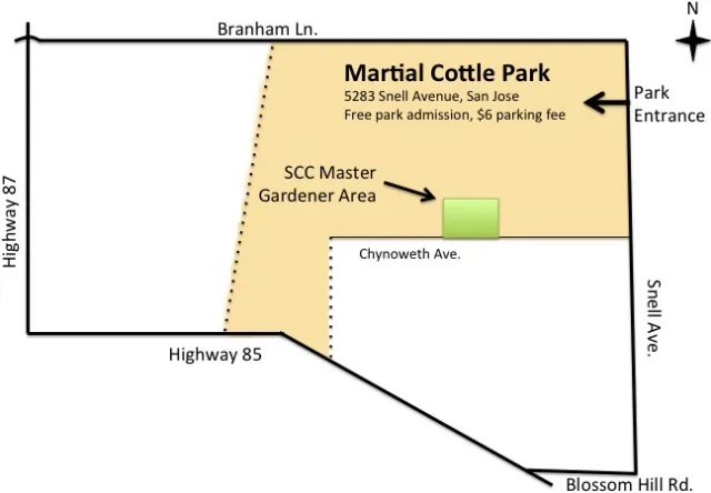 Map of Martial Cottle Park in San Jose, highlighting entrance, major roads, and the SCC Master Gardener Area.
