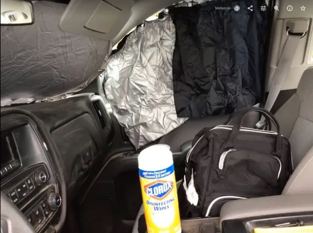 Truck interior with car shades set-up