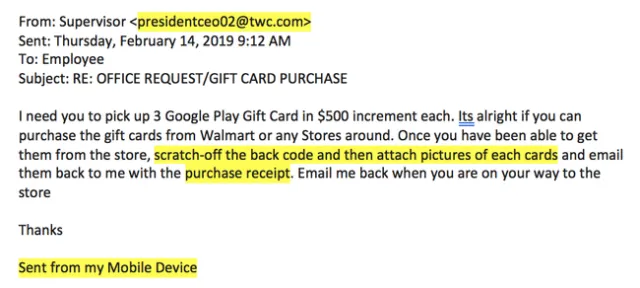 Phishing email example