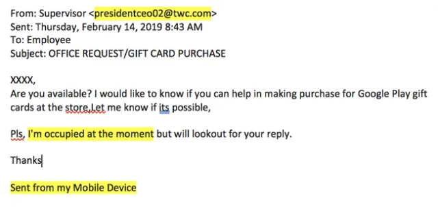 Spoofed email example