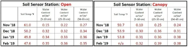 Soil Sensor Station Charts - Open vs Canopy - March 2019