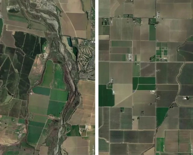 More habitat in agricultural landscapes (such as riparian habitat along Cache Creek, left) brought in more beneficial birds to farms compared to less habitat (right). Google Earth image.