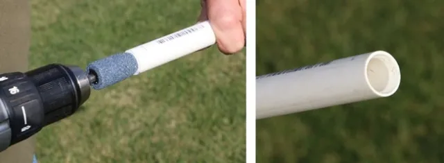 Figure 3. A drill is used to bevel the lower end of the tensiometer shaft to accommodate the ceramic cup.