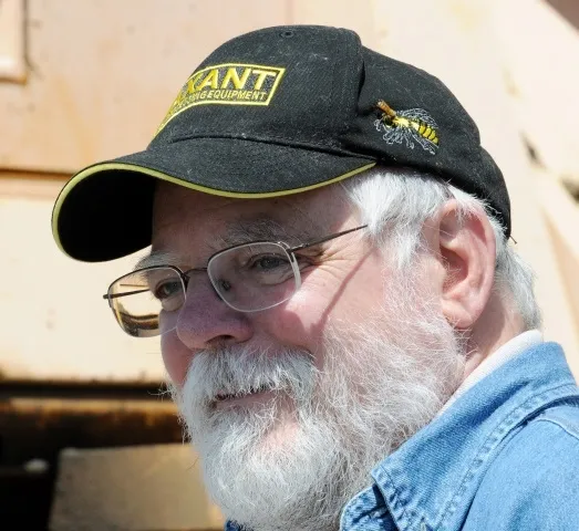 Kim Flottum, editor of Bee Culture. Note the live honey bee on the honey bee patch on his hat. (Photo by Kathy Keatley Garvey)