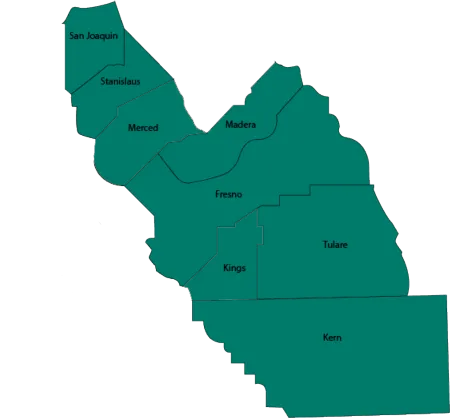 Teal map showing San Joaquin Valley counties
