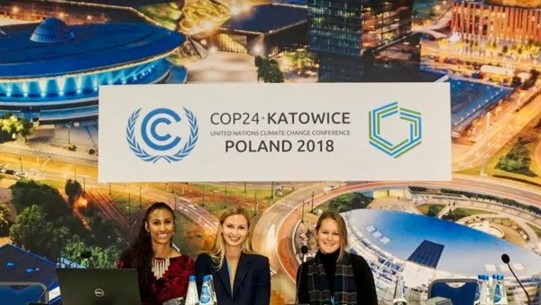 Teaming up with fellow Scripps students Meredith Fish and Kara Voss to present on atmospheric rivers for a press conference during the 24th Conference of the Parties to the United Nations Framework Convention on Climate Change. Photo by Brittany Hook.