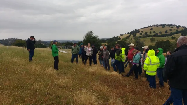 Workshop participants learn about a compost application research project from Ashley Shaw.
