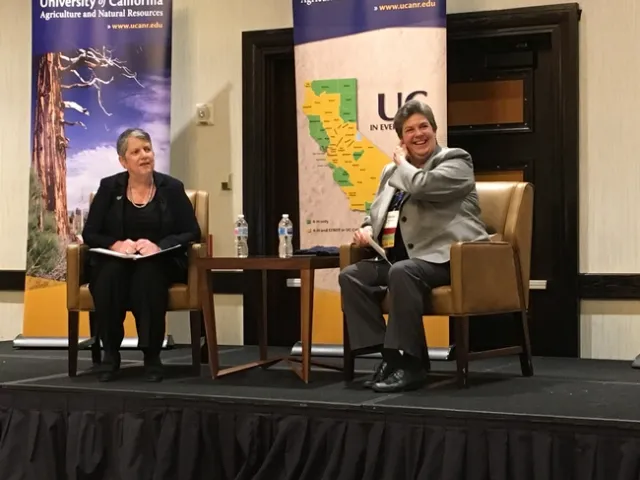 President Janet Napolitano, left, sat down with VP Humiston at UC ANR's statewide conference in 2018 to discuss UC ANR's role in advancing UC's Global Food, Carbon Neutrality and Mexico initiatives.