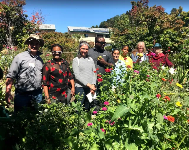 Tour group in front of zinnias posing with Bartlett pears they had just harvested for residents.